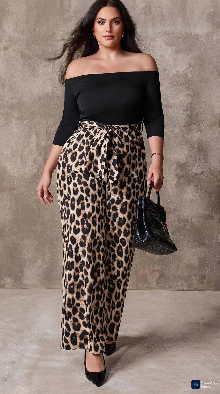 Conjunto negro y leopardo hombros descubiertos. Talla 3XL reducido a la talla 1XL Elastiza's foto | Bellari |  BizneCubano