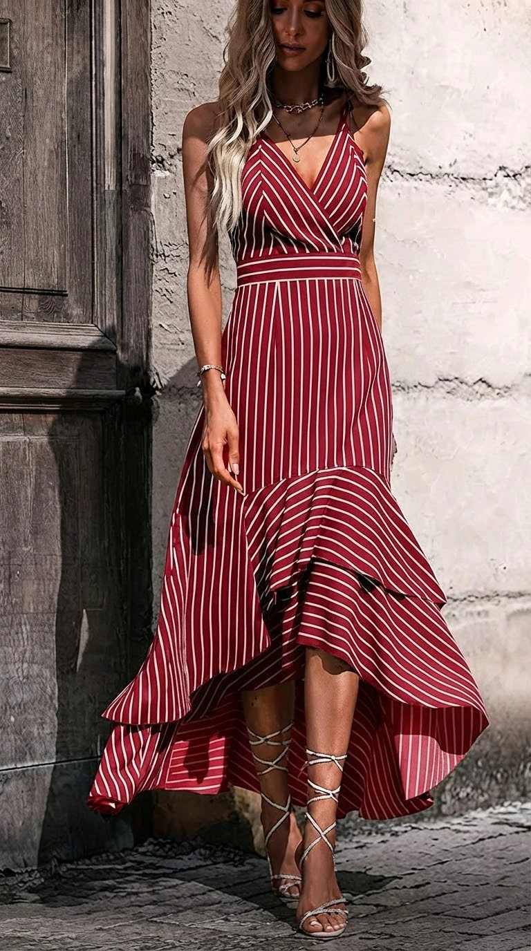 Vestido rojo a rayas tirantes asimétrico. XL's foto | Bellari |  BizneCubano