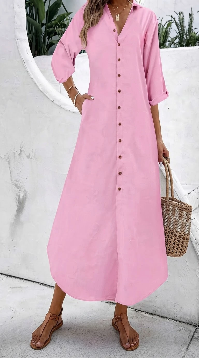 Vestido camisero rosa manga tres cuartos. Talla L's foto | Bellari |  BizneCubano