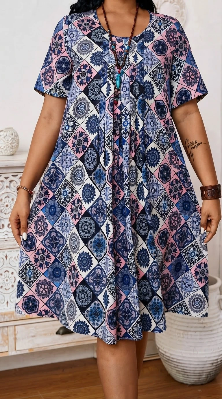 Vestido Estampado Azul Manga Corta. Talla 1XL's foto | Bellari |  BizneCubano