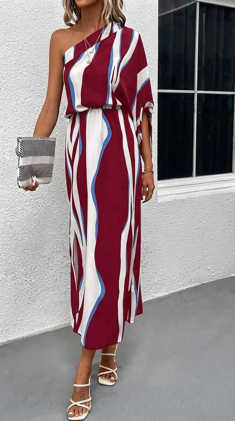 Vestido Estampado Tinto Un Hombro Largo. Talla L's foto | Bellari |  BizneCubano