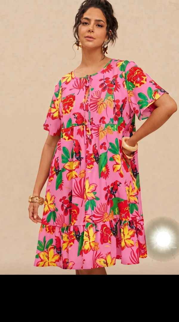 Vestido rosa con estampado tropical colorido. Talla 1XL's foto | Bellari |  BizneCubano