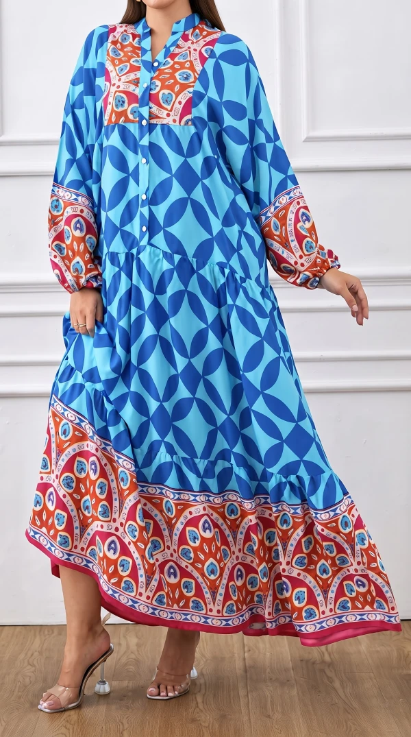 Vestido azul largo estampado manga larga. Talla 1XL's foto | Bellari |  BizneCubano